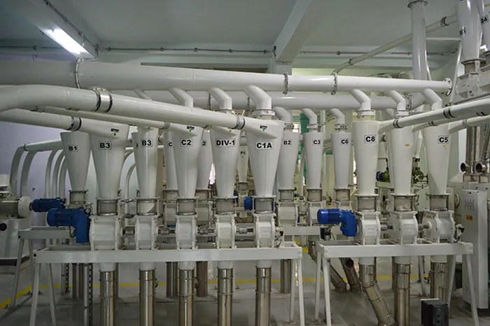 Pneumatic conveying cyclones above the milling floor