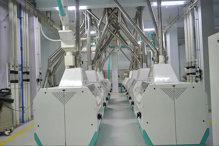 Row of roller mills on the Harmony Foods milling floor